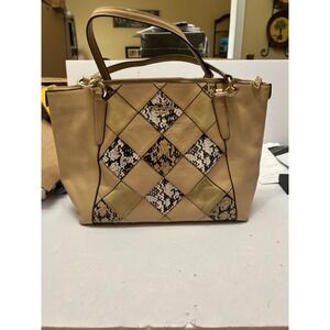 Coach Patchwork Leather Suede Snakeskin Tote Bag Tan Beige Gold Hardware F22917